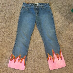 VINTAGE Arizona Women’s low rise denim boot cut jeans with pink flame design